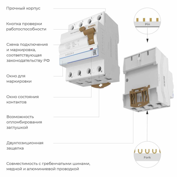 Устройство защитного отключения Werkel 3P+N 63A 30mА АС 6kА W914P636 4690389193200